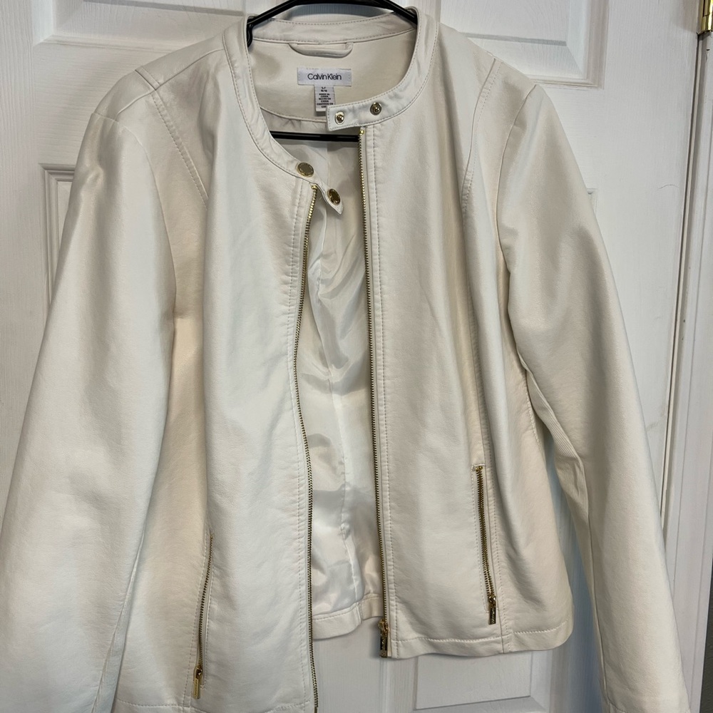 White Calvin Klein leather jacket
